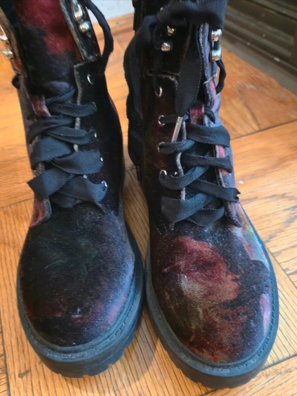Steve Madden Velvet Lace-Up Ankle Boots in Burgundy and Black - Picture 7 of 9
